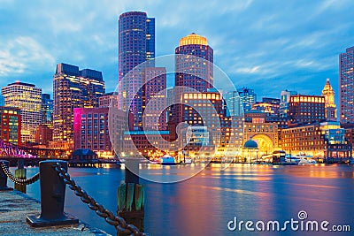 Boston Harbor and Financial District at sunset. Boston, Massachusetts, USA Stock Photo