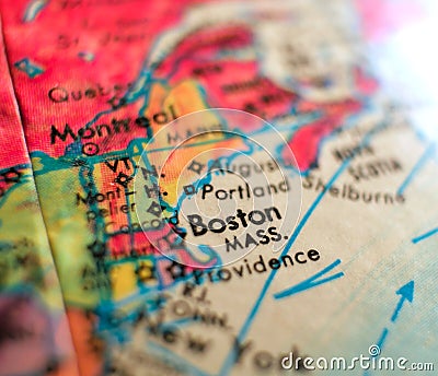 Boston Massachusetts USA focus macro shot on globe map for travel blogs, social media, web banners and backgrounds. Stock Photo