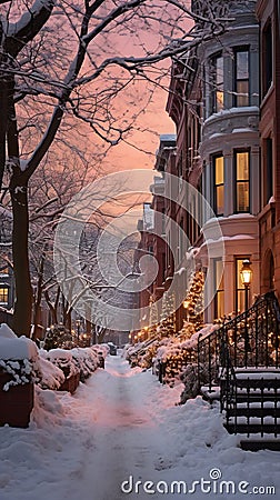 Boston, Massachusetts, USA, Street view of historic old houses at sunset Cartoon Illustration