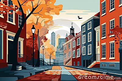 Boston's Colonial Essence: Historic Sites, Streets & Academic Legacy in Rich Tones Cartoon Illustration