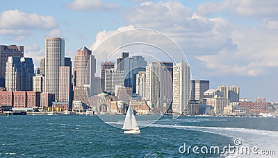 Boston skyline seen from Boston Harbor Stock Photo