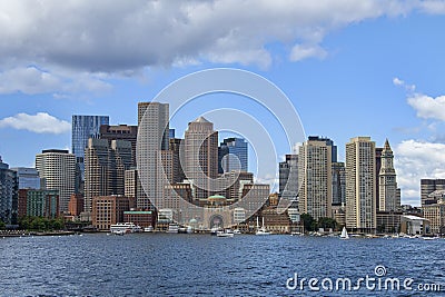 Boston Waterfront from the Harbor from Moakley Corthouse to Customs House Tower Editorial Stock Photo