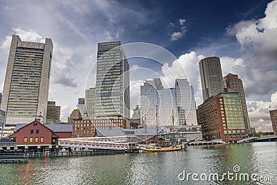 Boston Waterfront skyline. City buildings at sunset seen from Fort Point Channel Editorial Stock Photo
