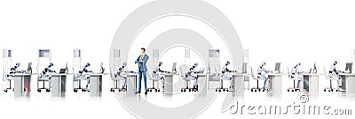 Bot factory, many robots sitting and working by desks. 3D Rendering Stock Photo