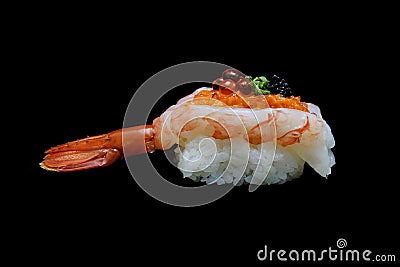 Botan ebi sushi or Spacial premium king shrimp sushi mixed by ikura and caviar top on Japanese rice. Japanese tradition food Stock Photo