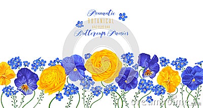 Horizontal frame with yellow and blue flowers of buttercups and pansies on white background. Vector Illustration