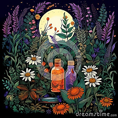 Botanical Blessings: An Enchanting Tribute to Herbal Remedies Cartoon Illustration