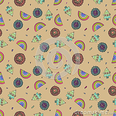 Botanical bouquet and rainbow cute cartoon seamless pattern Vector Illustration