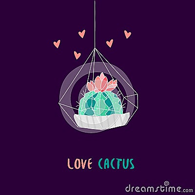 Botanical card with cute cactus in florarium and hearts on black background. Vector Illustration