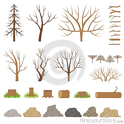 Botanical collection. Trees, bushes, logs, branches, stones and other natural elements Vector Illustration