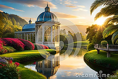 A botanical conservatory with exotic blooms and lush Stock Photo