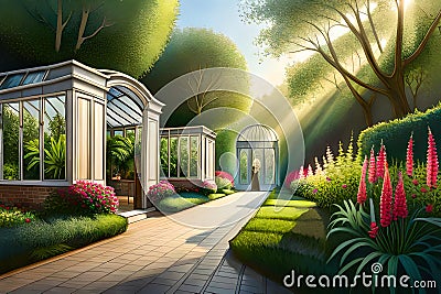 A botanical conservatory with exotic blooms and lush Stock Photo