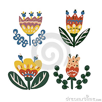 Botanical elements for design. Flowers in folk ethnic style. For making patterns, invitations, postcards. Rustic folklore. Bright Vector Illustration