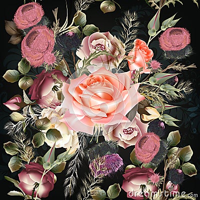 Botanical floral pattern with rose flowers for design. Ideal for Stock Photo