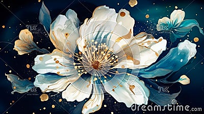 Botanical flowers with one big flower for whole artwork flowing alcohol ink style bioluminescence navy blue background, white, Stock Photo