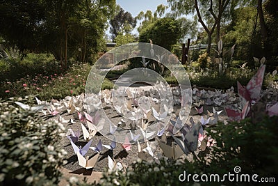 a botanical garden with origami paper butterflies fluttering among the blooms Stock Photo