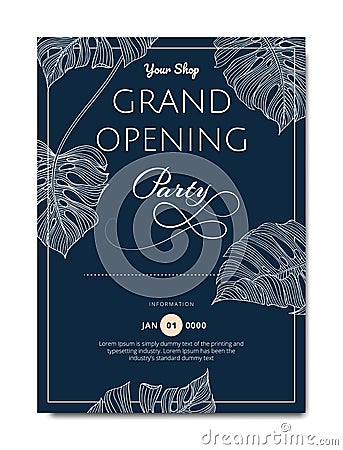 Botanical grand opening invitation card template design, line art ink drawing split-leaf Philodendron plant on dark blue Vector Illustration