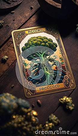 Botanical Harmony: An AI Inspired Tarot Card Embracing the Abundance of Broccoli Cartoon Illustration