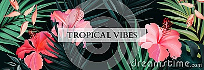 Botanical hibiscus and royal luxury palm exotic floral banner, wide horisontal background. Realistic vector advertising Vector Illustration