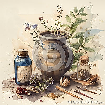 botanical illustration with chinese medicine plants 1 Cartoon Illustration