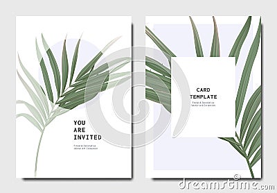 Botanical invitation card template design, bamboo palm on light blue, minimalist vintage style Vector Illustration