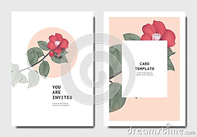 Botanical invitation card template design, red Japanese camellia flowers and leaves on pink and white background Vector Illustration