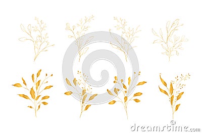 Botanical line art silhouette golden leaves hand drawn pencil sketches isolated Vector Illustration