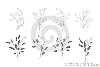 Botanical line art silhouette leaves hand drawn pencil sketches isolated Vector Illustration