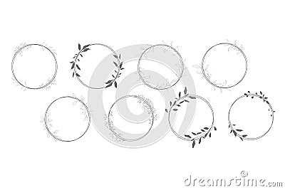 Botanical line art silhouette leaves wreath hand drawn pencil sketches isolated Vector Illustration