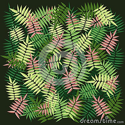 Botanical pattern green pink leafs black background Stock Photo