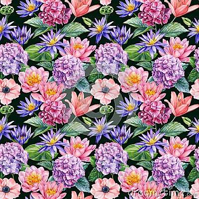 Botanical pattern. Hand drawn watercolor seamless pattern with flowers. Hydrangea, lily, anemone and buttercups Cartoon Illustration