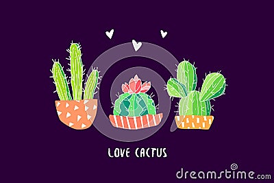 Botanical postcard with color cactus and hearts on black background. Succulent in doodle style. Vector Vector Illustration