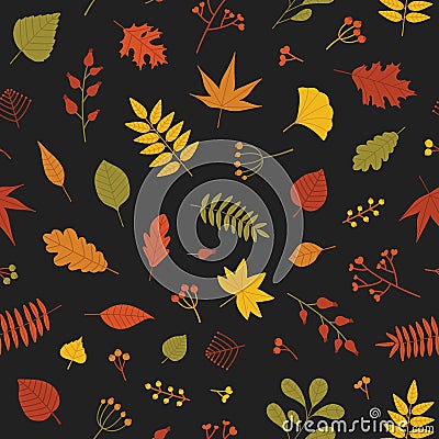 Botanical seamless pattern with autumn tree leaves and sprigs with berries on black background. Bright colored autumnal Vector Illustration