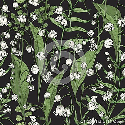 Botanical seamless pattern with beautiful blooming Lily of the valley flowers on black background. Natural backdrop with Vector Illustration