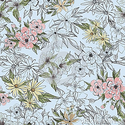 Botanical seamless pattern. Bouquets of flowers. Vintage line art design for fabric, wallpaper. Vector Illustration