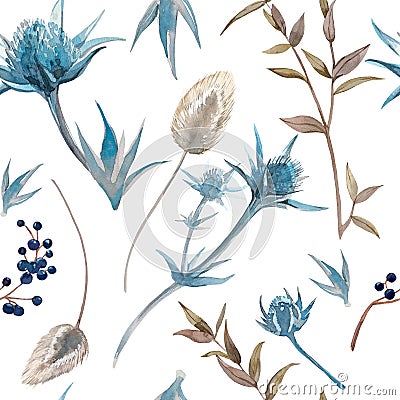 Botanical seamless pattern with eryngium, eucalyptus, viburnum, lagurus. Hand painted in watercolor. Stock Photo