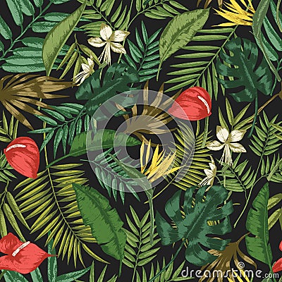 Botanical seamless pattern with foliage of exotic jungle plants on black background. Backdrop with leaves of tropical Vector Illustration