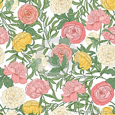 Botanical seamless pattern with gorgeous blooming tulips, peonies and ranunculus flowers on white background. Floral Vector Illustration