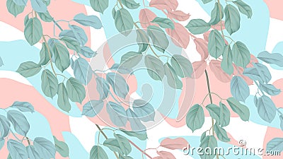 Botanical seamless pattern, green, blue and pink leaves with abstract shapes on white Vector Illustration