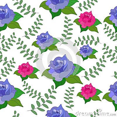 Botanical seamless pattern pink and blue blooming rose with leaves, branches of greenery. Floral illustration for booklet, Cartoon Illustration
