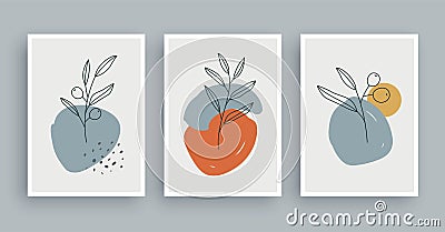 Botanical wall art painting background. Foliage art and hand drawn line with abstract shape. Mid century scandinavian nordic style Vector Illustration