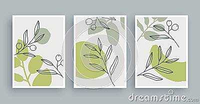 Botanical wall art painting background. Foliage art and hand drawn line with abstract shape. Mid century scandinavian nordic style Vector Illustration