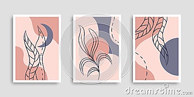 Botanical wall art set. Plants and abstract shapes in hand drawn style. Vector illustration line art. Collection covers. Vector Illustration