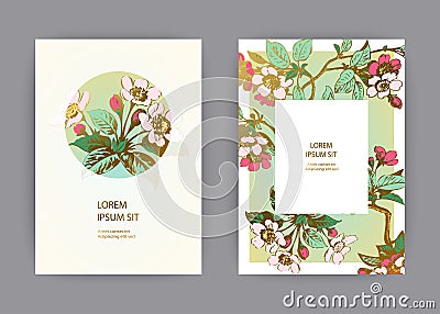 Botanical wedding invitation card template design, hand drawn sakura flowers and leaves on branches, vintage rural cherry blossom Vector Illustration