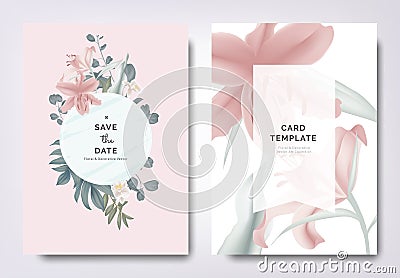 Botanical wedding invitation card template design, pink lily flowers and leaves with circle frame on pink background, vintage Vector Illustration