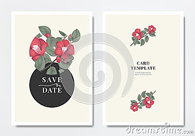 Botanical wedding invitation card template design, red Japanese camellia flowers with leaves in circle frame on light yellow Vector Illustration