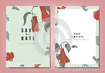 Botanical wedding invitation card template design, red Lapageria rosea flowers and leaves on green, minimalist vintage Vector Illustration