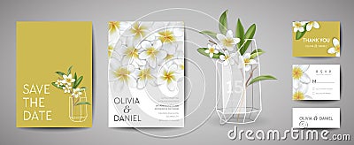 Botanical wedding invitation card Template Design, Tropical Plumeria Flowers and Leaves in modern style, Save the date Vector Illustration