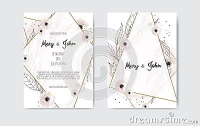 Botanical wedding invitation card template design, white and pink flowers on white and black background. Vector Illustration