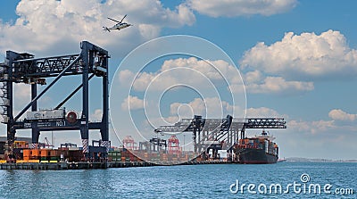 Botany Bay harbor panorama with ship and helicopter Hayes dock Editorial Stock Photo